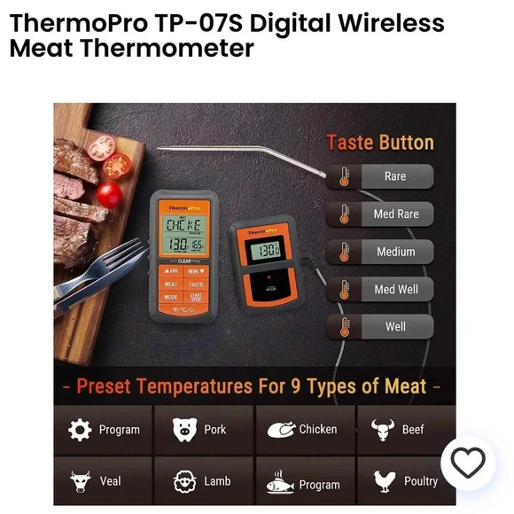 ThermoPro TP-07S Digital Wireless Meat Grilling Thermometer Kitchen Tools NEW - Picture 9 of 15